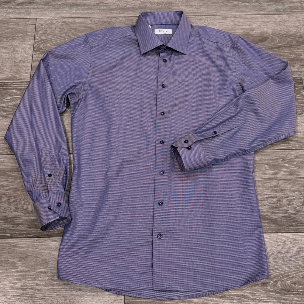Eton Contemporary Fit Dress Shirt Mens 17 43 Blue Orange Micro Pattern Twill